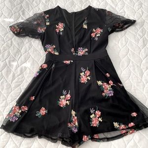 Super plunge neck romper with embroidered flowers